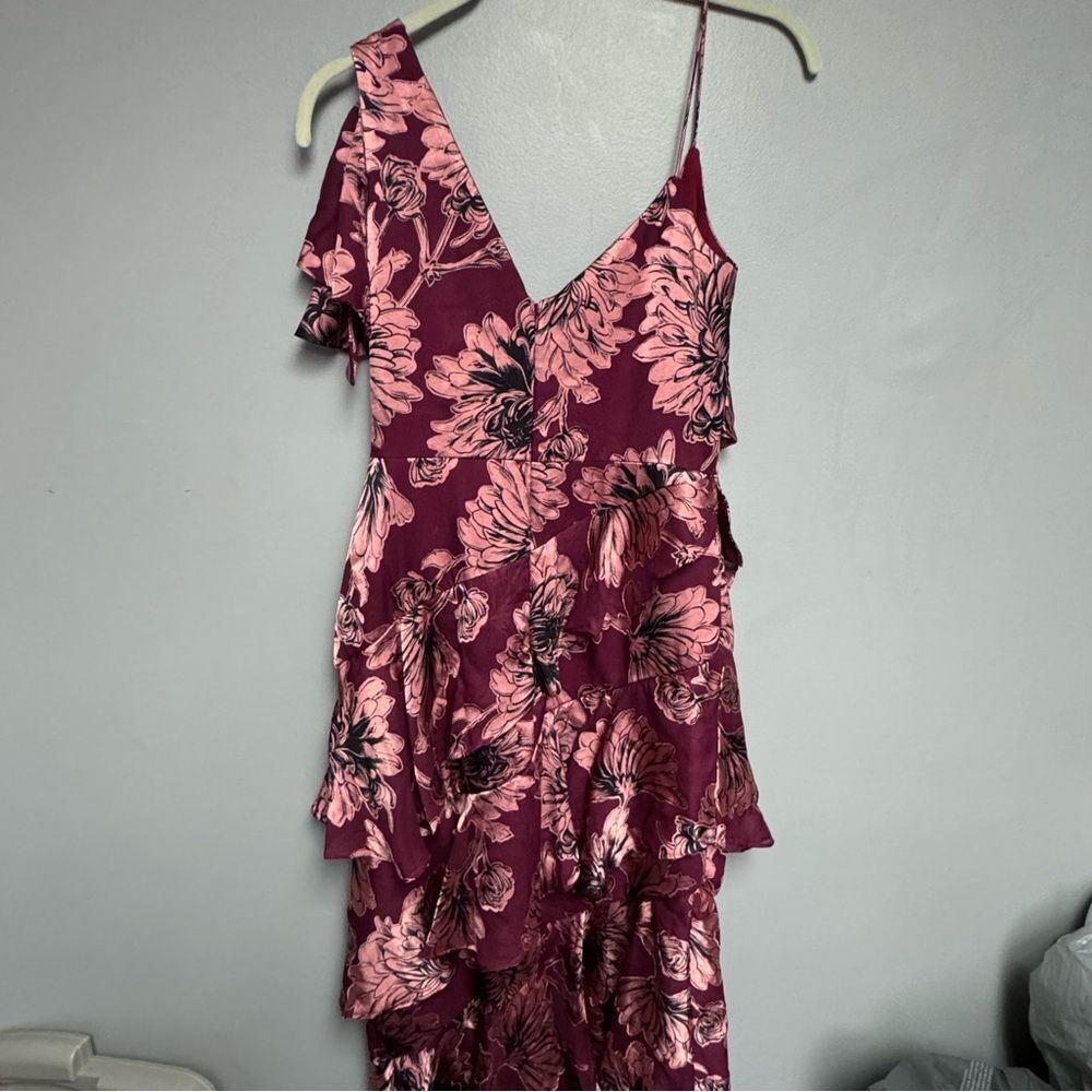 Theia Red and Pink Ruffled Tiered dress Greta Cowl cocktail women’s NWT
